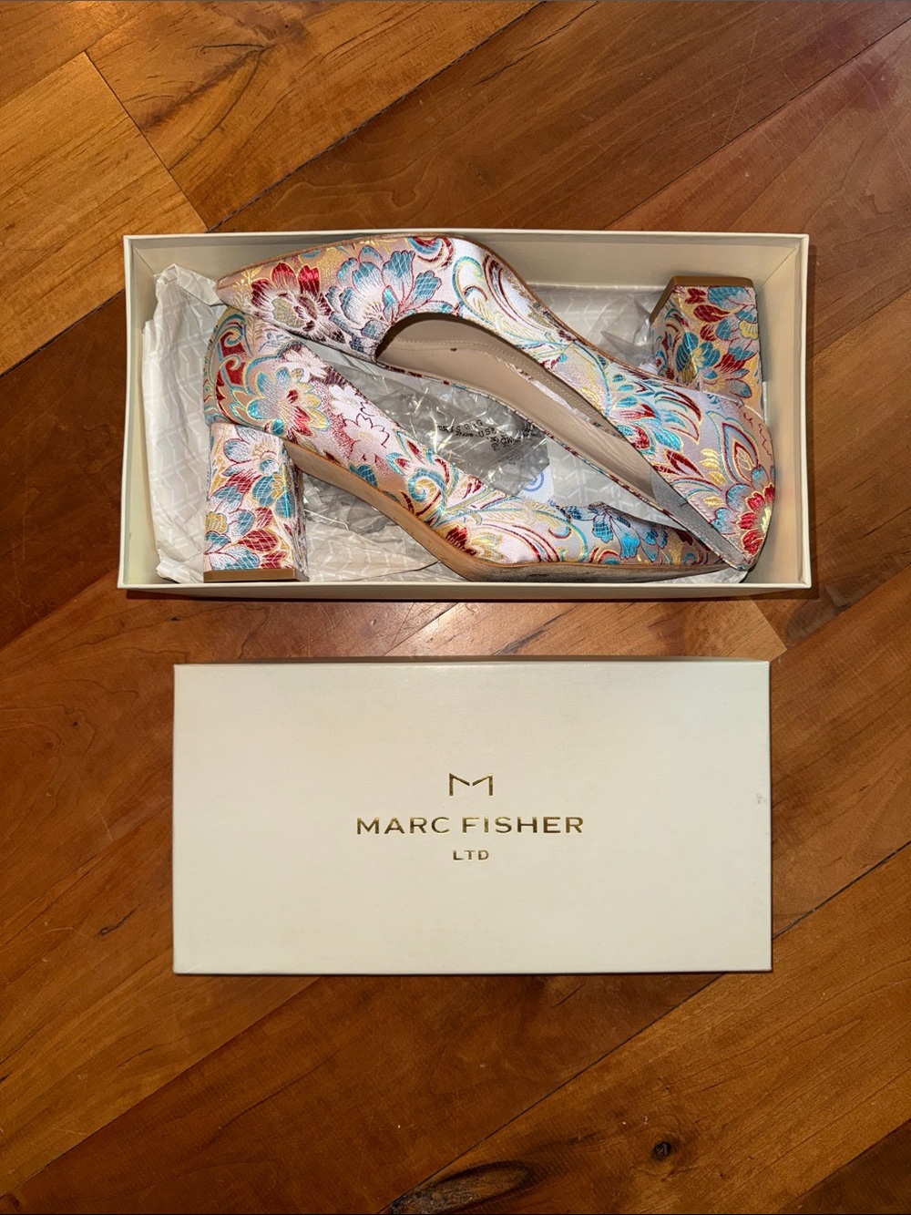 Marc Fisher Multicolor Floral Embroidered Block Heel Pumps